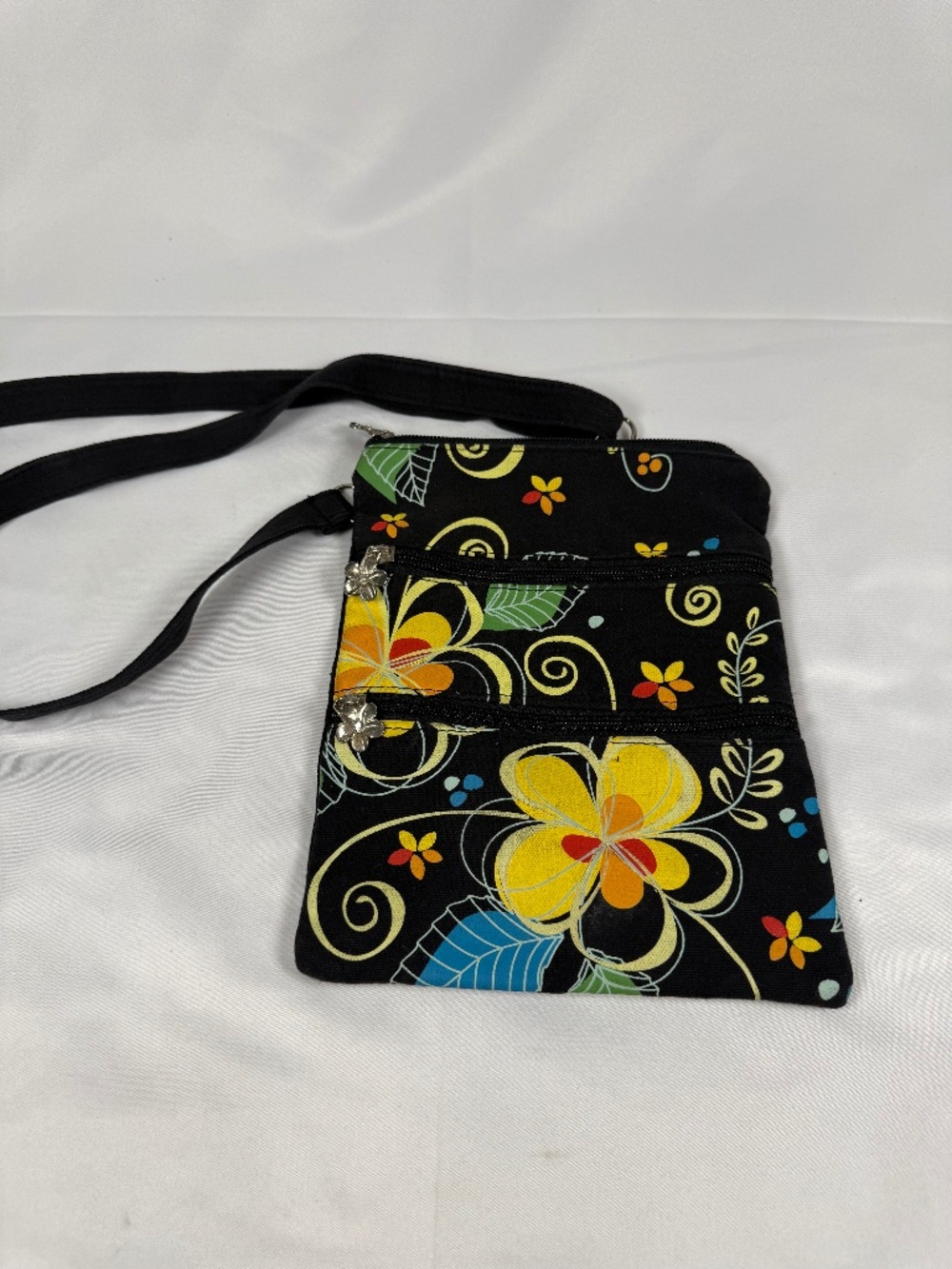 Floral Crossbody Organizer Bag Black Yellow Multi Pocket Purse